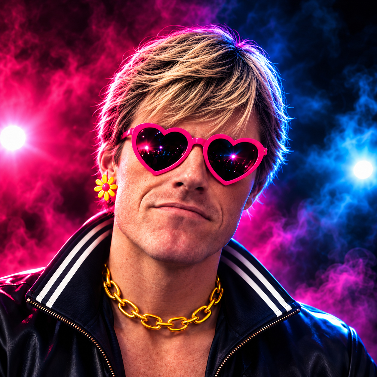 Midnight Crush in pink heart-shaped sunglasses with pink and blue stage lighting